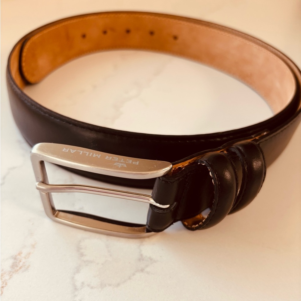 Peter Millar Dark Brown Leather Belt with Silver Buckle